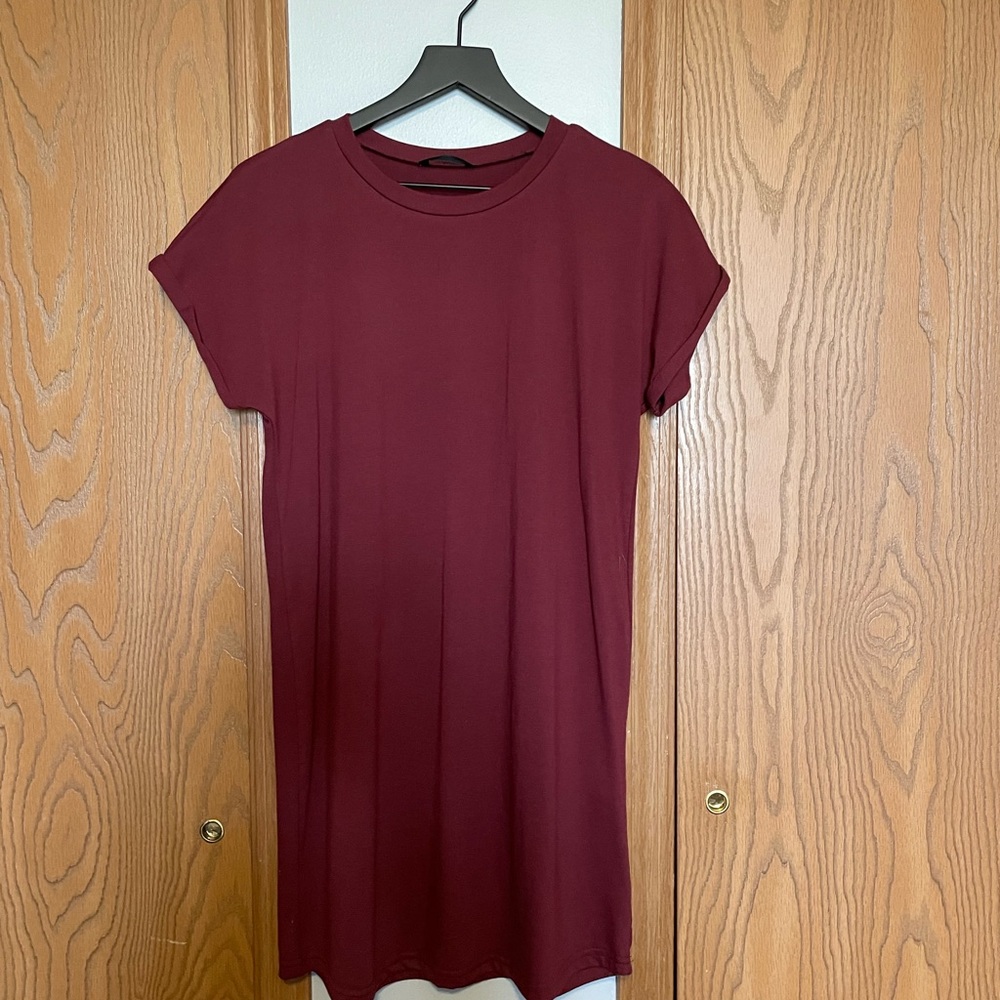 SHEIN Cotton Rolled Cuff Solid Tee Dress Burgundy Maroon Size Small 4